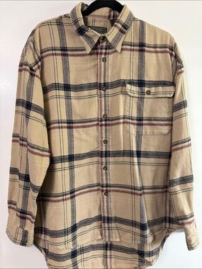Vintage 90’s Guess Classic Men's Beige Plaid Button-Up Shirt - Large